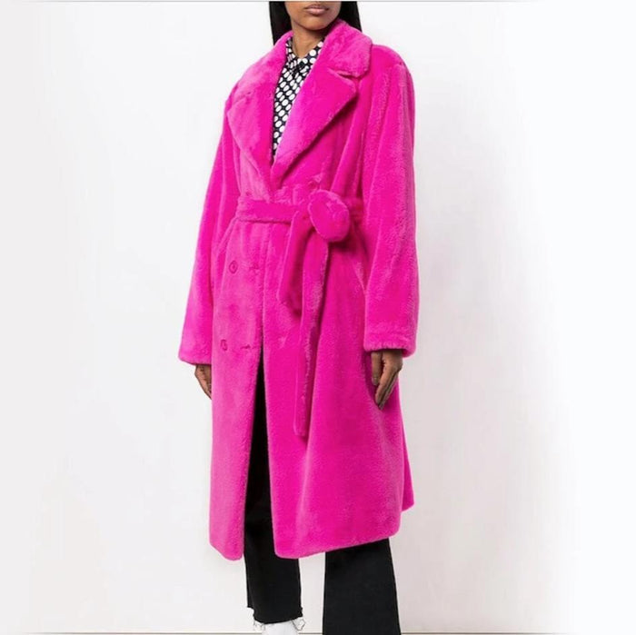 Faux Fur Belted Trench Coat for Women: black, yellow long belted coat, minimal style