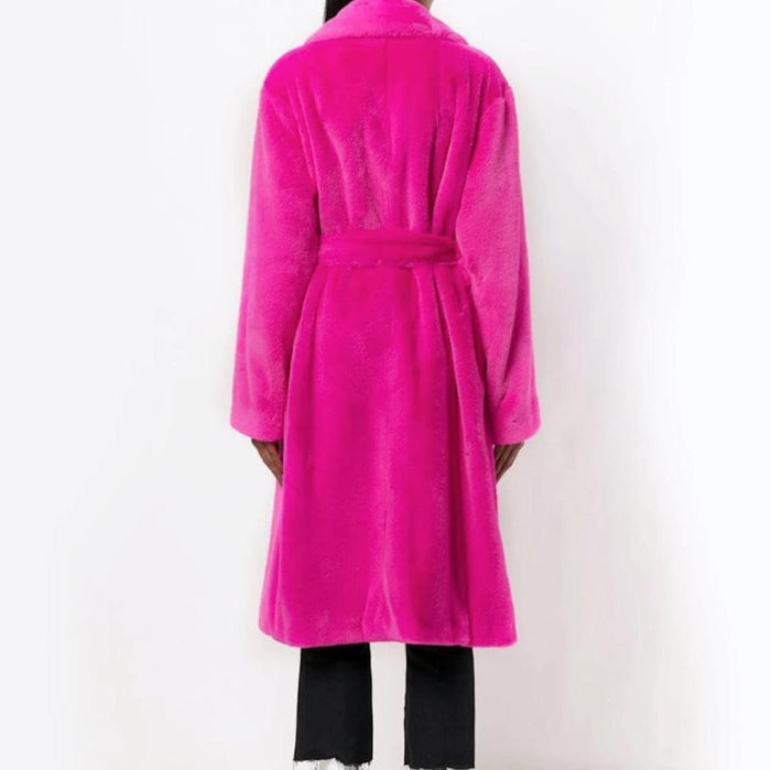 Faux Fur Belted Trench Coat for Women: black, yellow long belted coat, minimal style