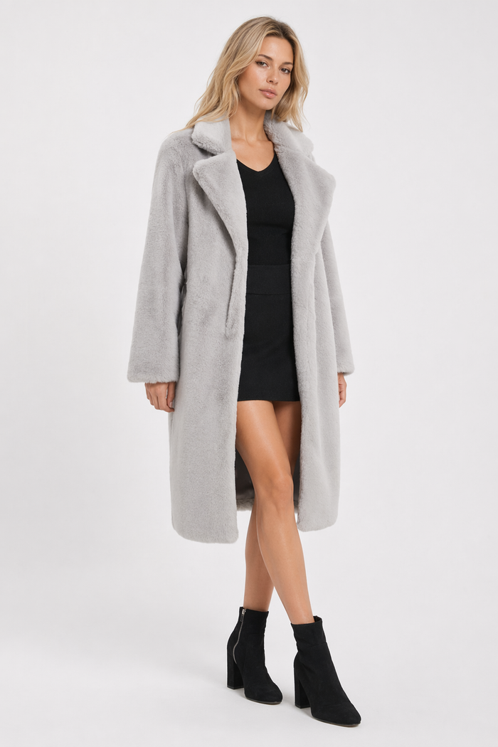 Faux Fur Women's Jacket featuring Lapel Collar Gray