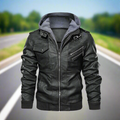 Faux Leather Biker Hooded Jacket for Men: black, dark gray hooded zip-up jacket, biker moto style