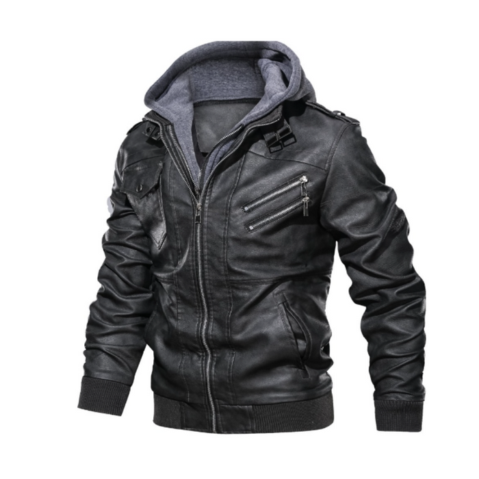 Faux Leather Biker Hooded Jacket for Men: black, dark gray hooded zip-up jacket, biker moto style