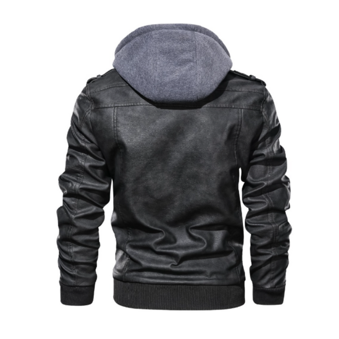 Faux Leather Biker Hooded Jacket for Men: black, dark gray hooded zip-up jacket, biker moto style