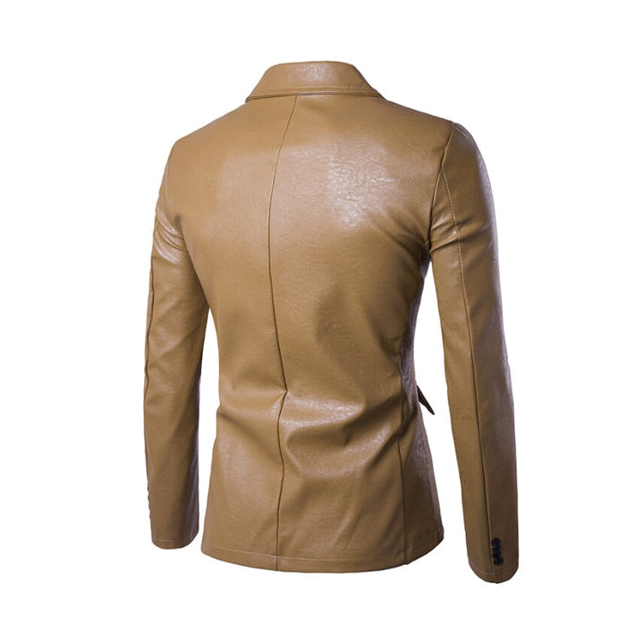Faux Leather Blazer for Men: tan, brown blazer jacket, tailored, minimal style