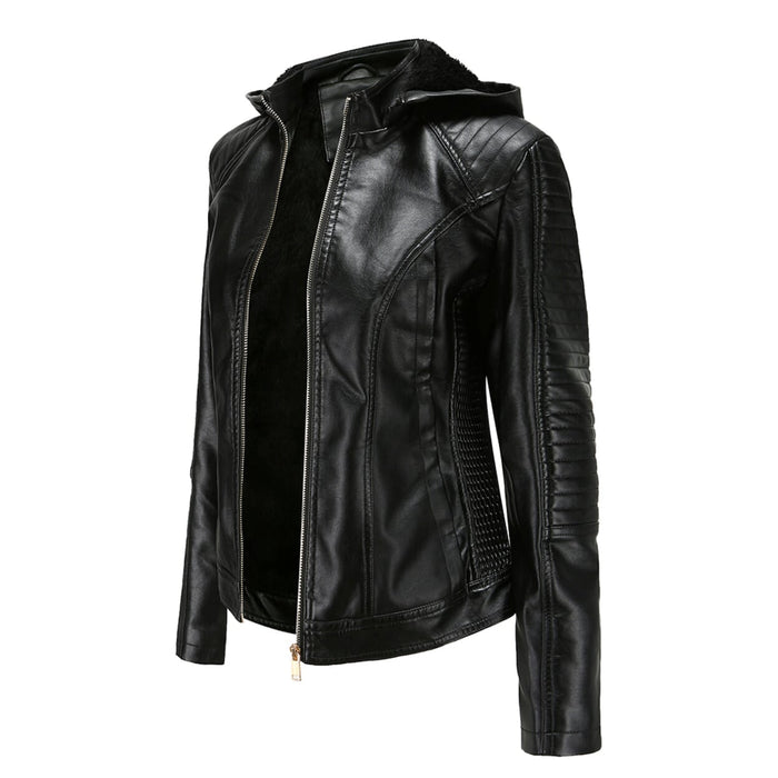 Faux Leather Hooded Jacket with Plush Interior: black hooded jacket, biker-inspired style