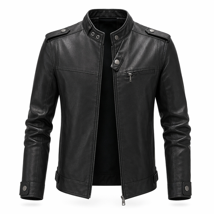 Faux Leather Motorcycle Jacket with Stand Collar for Men Black