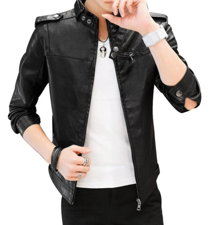 Faux Leather Motorcycle Jacket with Stand Collar for Men: black jacket, minimal moto-inspired style