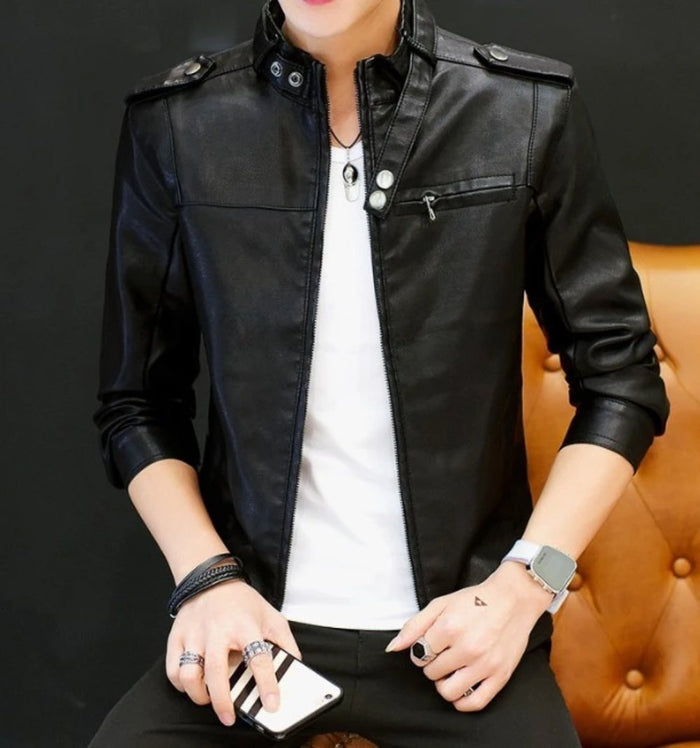 Faux Leather Motorcycle Jacket with Stand Collar for Men: black jacket, minimal moto-inspired style