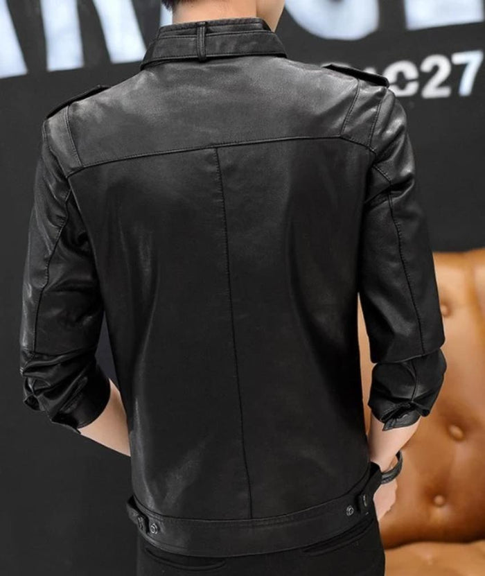 Faux Leather Motorcycle Jacket with Stand Collar for Men: black jacket, minimal moto-inspired style
