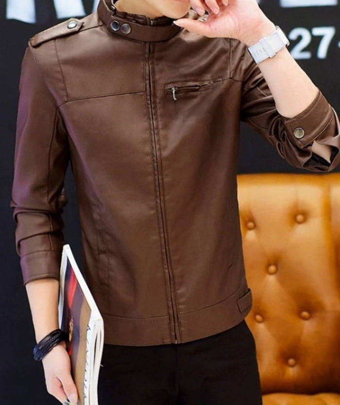 Faux Leather Motorcycle Jacket with Stand Collar for Men: black jacket, minimal moto-inspired style