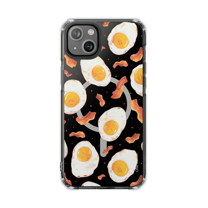 Feast of Morning Magnetic Transparent Case for iPhone Collection: black, white fried eggs and bacon theme, cartoon food patte