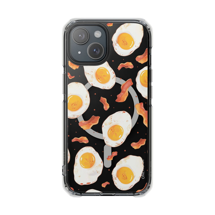 Feast of Morning Magnetic Transparent Case for iPhone Collection: black, white fried eggs and bacon theme, cartoon food patte