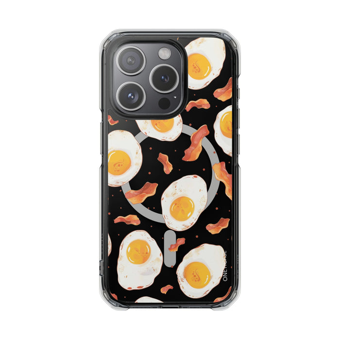 Feast of Morning Magnetic Transparent Case for iPhone Collection: black, white fried eggs and bacon theme, cartoon food patte