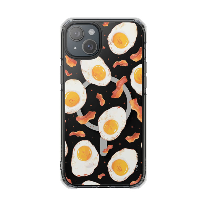 Feast of Morning Magnetic Transparent Case for iPhone Collection: black, white fried eggs and bacon theme, cartoon food patte