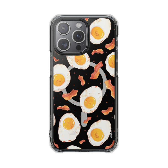 Feast of Morning Magnetic Transparent Case for iPhone Collection: black, white fried eggs and bacon theme, cartoon food patte