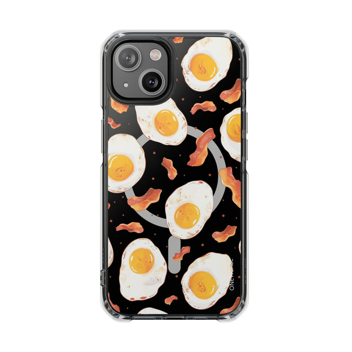 Feast of Morning Magnetic Transparent Case for iPhone Collection: black, white fried eggs and bacon theme, cartoon food patte