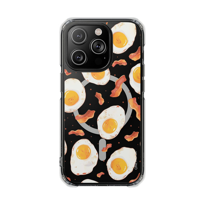 Feast of Morning Magnetic Transparent Case for iPhone Collection: black, white fried eggs and bacon theme, cartoon food patte