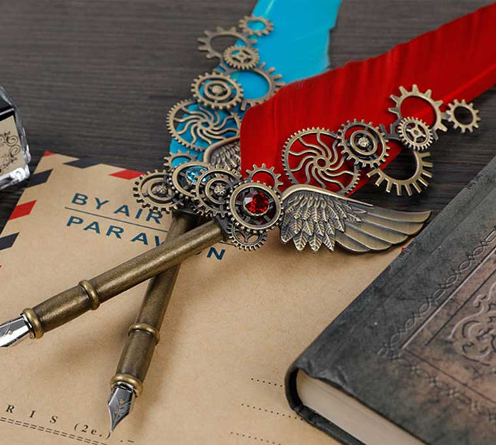Feather Pen Gift Box Set for Calligraphy: black, brown calligraphy writing set in a presentation box, ornate vintage-inspired