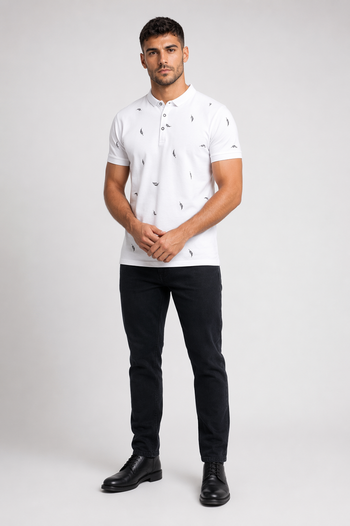 Feather Print Men's Polo Shirt - Short Sleeve White