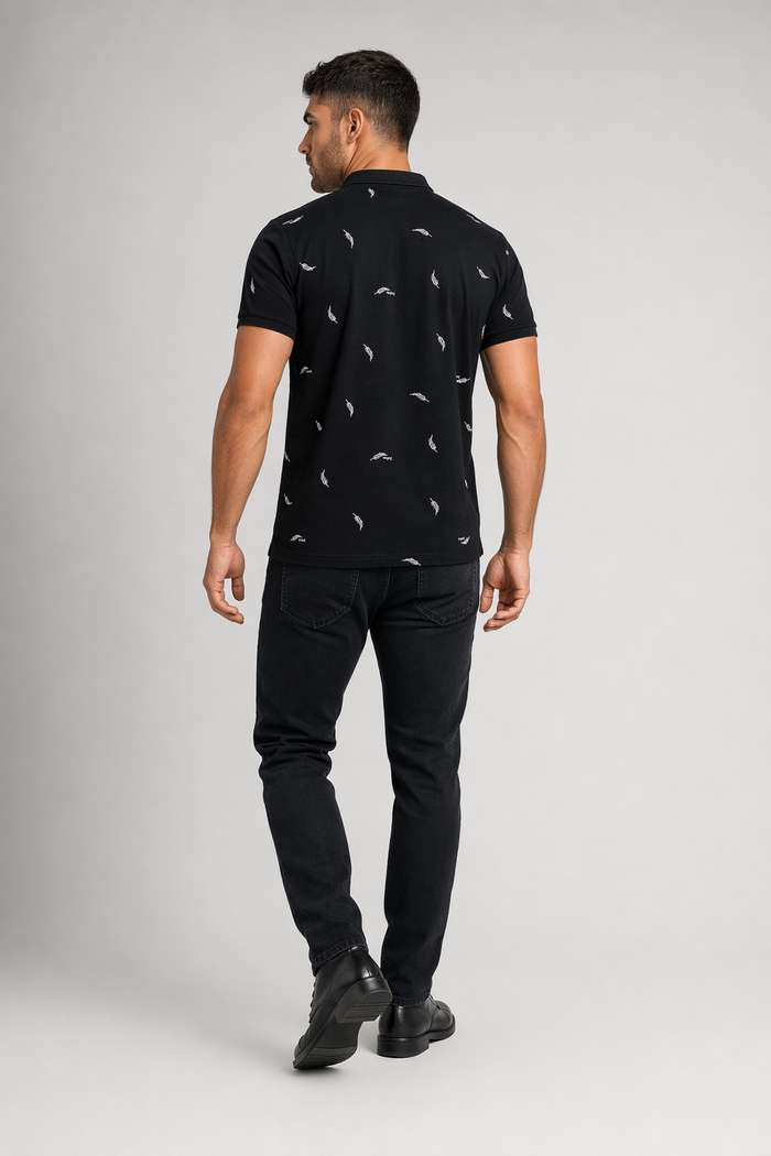 Feather Print Men's Polo Shirt - Short Sleeve Black