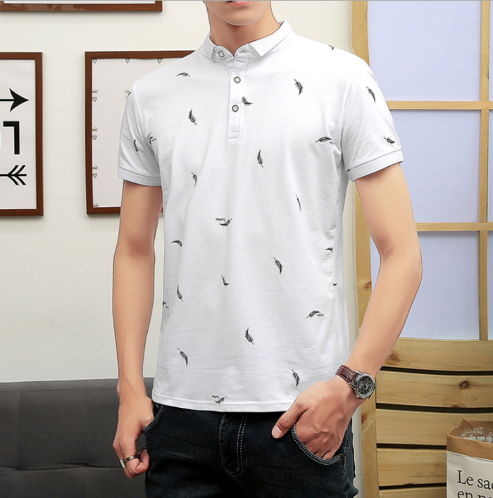 Feather Print Men's Polo Shirt, Short Sleeve: white, light gray feather print, minimal casual style