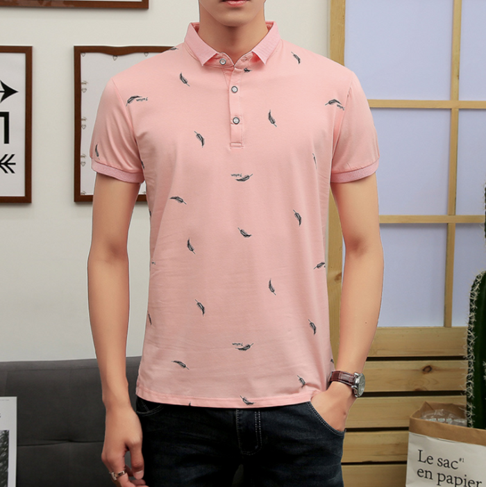 Feather Print Men's Polo Shirt, Short Sleeve: white, light gray feather print, minimal casual style