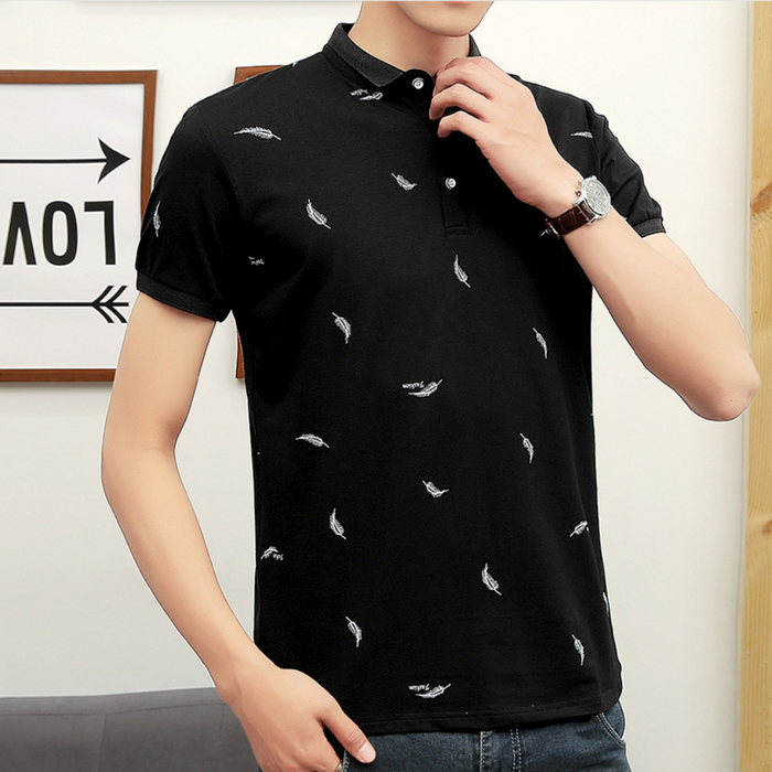 Feather Print Men's Polo Shirt, Short Sleeve: white, light gray feather print, minimal casual style