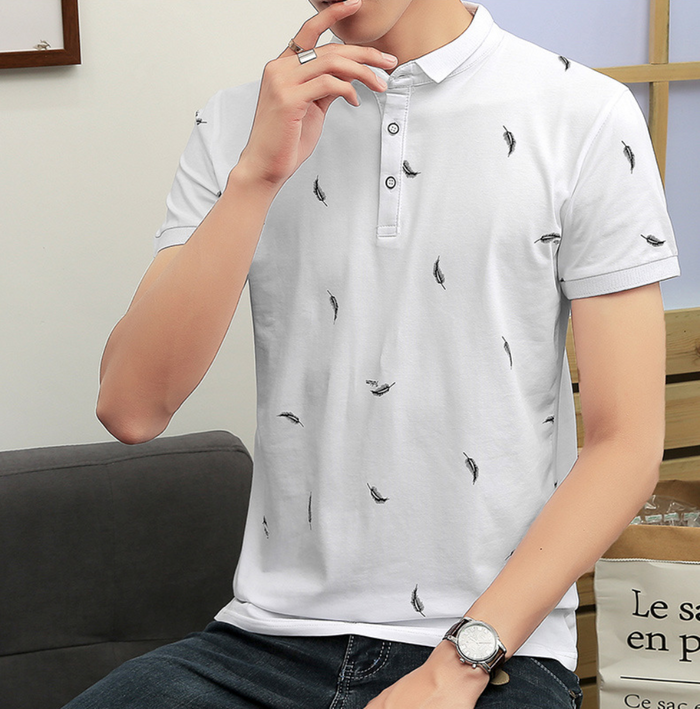 Feather Print Men's Polo Shirt, Short Sleeve: white, light gray feather print, minimal casual style