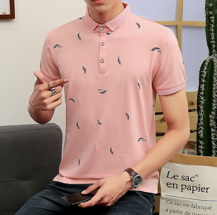 Feather Print Men's Polo Shirt, Short Sleeve: white, light gray feather print, minimal casual style
