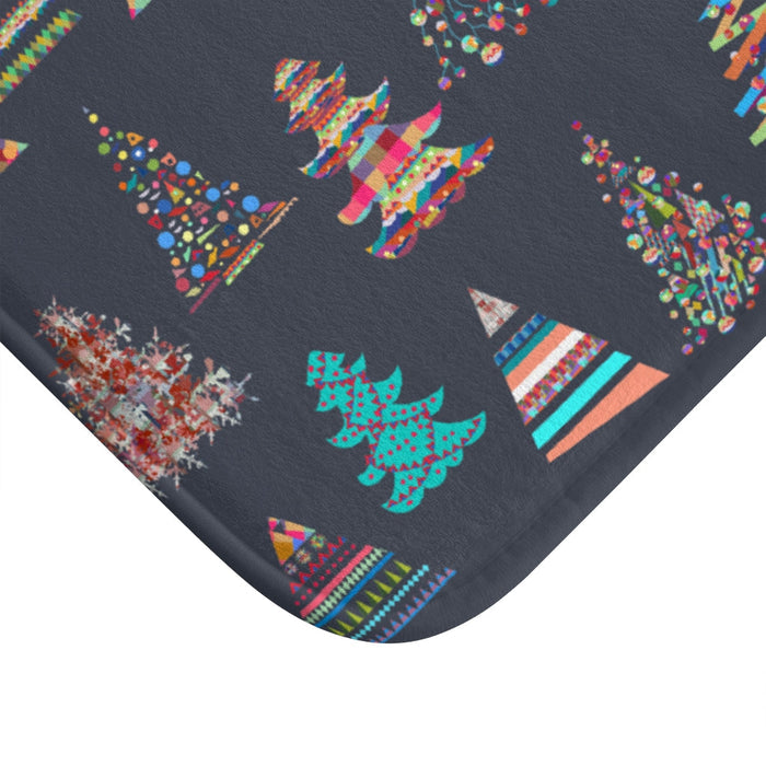 Festive Bath Mat for Home Accents: Christmas Tree Design: dark navy, multicolor Christmas trees, colorful graphic holiday pat