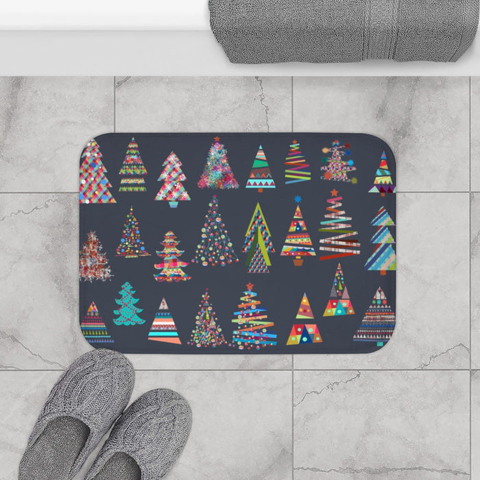 Festive Bath Mat for Home Accents: Christmas Tree Design: dark navy, multicolor Christmas trees, colorful graphic holiday pat