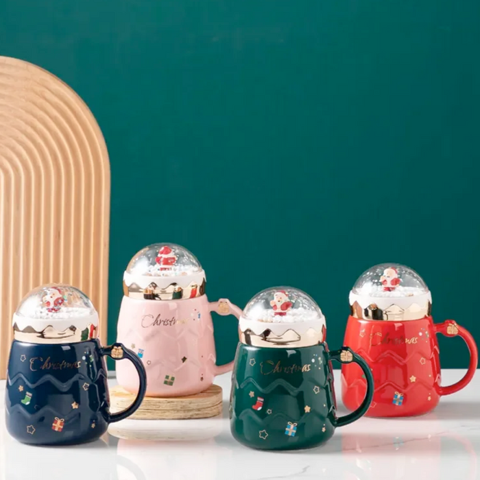 Festive Mug with Cover for Hot Drinks: dark blue, light pink Santa Claus/Christmas theme, festive cartoon Christmas style