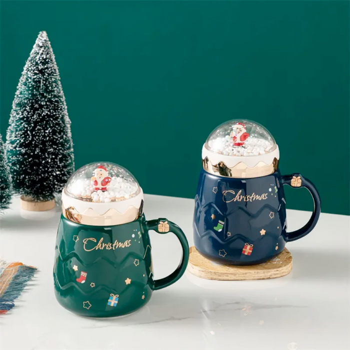 Festive Mug with Cover for Hot Drinks: dark blue, light pink Santa Claus/Christmas theme, festive cartoon Christmas style
