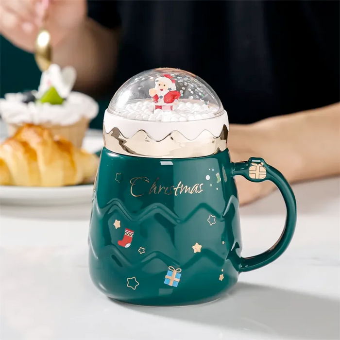 Festive Mug with Cover for Hot Drinks: dark blue, light pink Santa Claus/Christmas theme, festive cartoon Christmas style