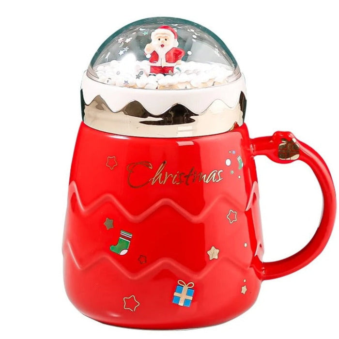 Festive Mug with Cover for Hot Drinks: dark blue, light pink Santa Claus/Christmas theme, festive cartoon Christmas style
