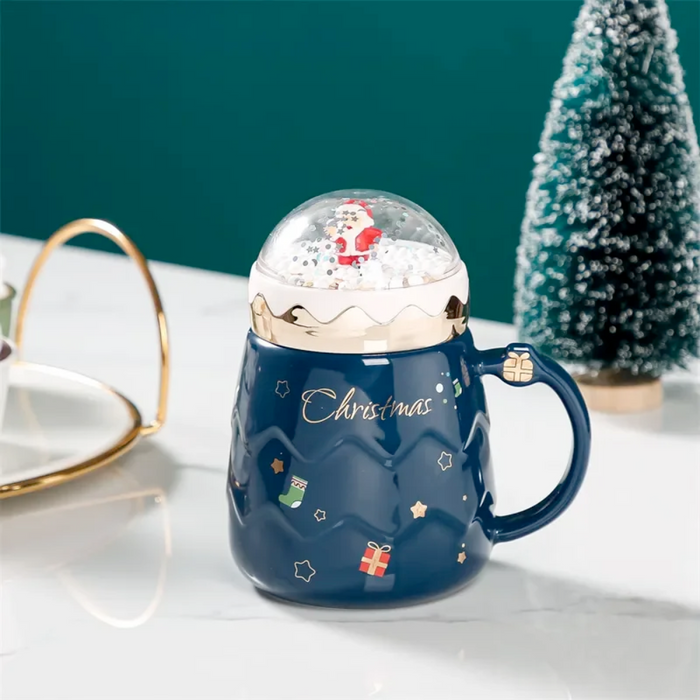 Festive Mug with Cover for Hot Drinks: dark blue, light pink Santa Claus/Christmas theme, festive cartoon Christmas style