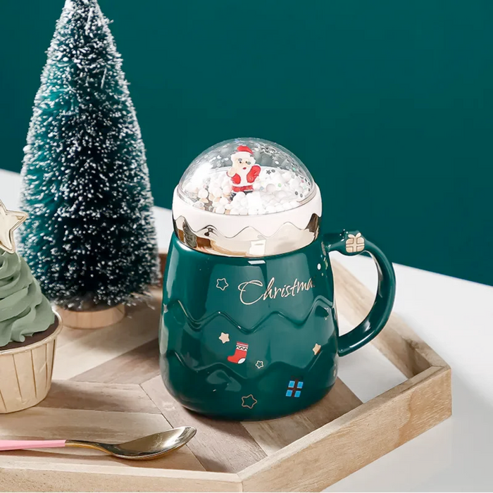 Festive Mug with Cover for Hot Drinks: dark blue, light pink Santa Claus/Christmas theme, festive cartoon Christmas style