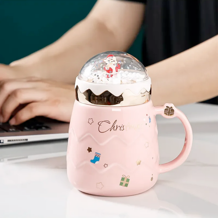 Festive Mug with Cover for Hot Drinks: dark blue, light pink Santa Claus/Christmas theme, festive cartoon Christmas style