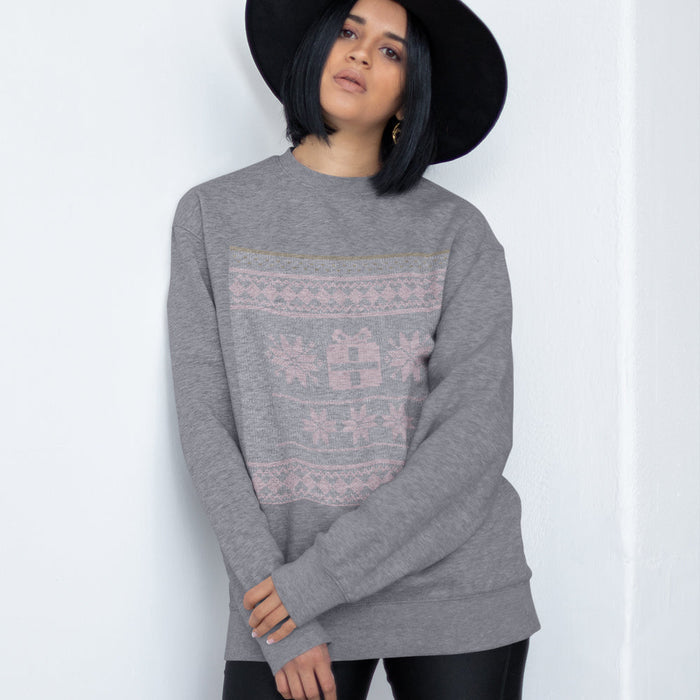 Festive Women's Faux Stitched Pullover for the Holidays: heather gray, pale pink long-sleeve sweatshirt, casual style