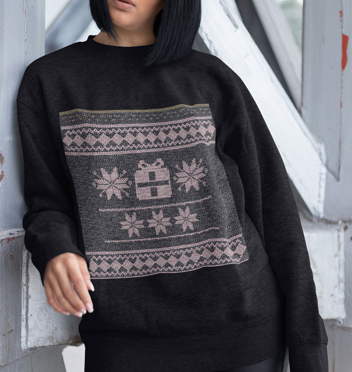 Festive Women's Faux Stitched Pullover for the Holidays: heather gray, pale pink long-sleeve sweatshirt, casual style