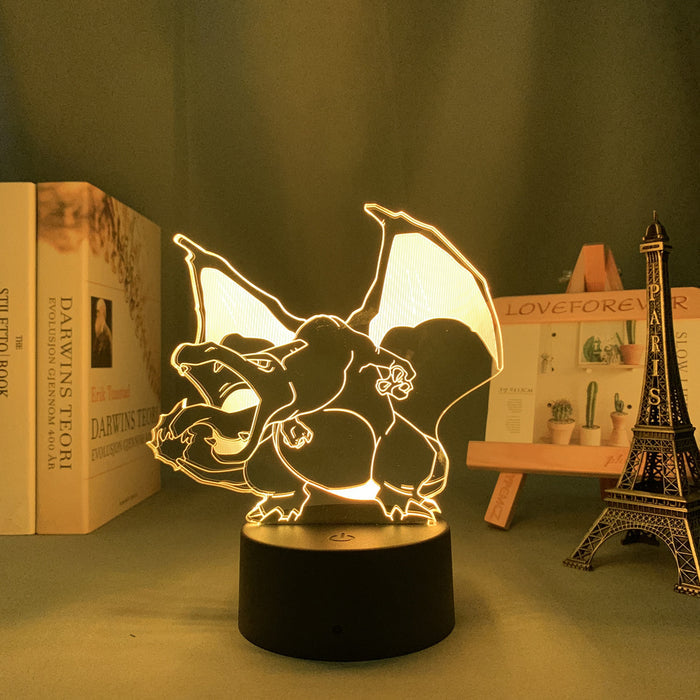 Fire Dragon Lamp LED Night Light: warm yellow light, clear acrylic anime-style spiky-haired character with a dragon-like crea