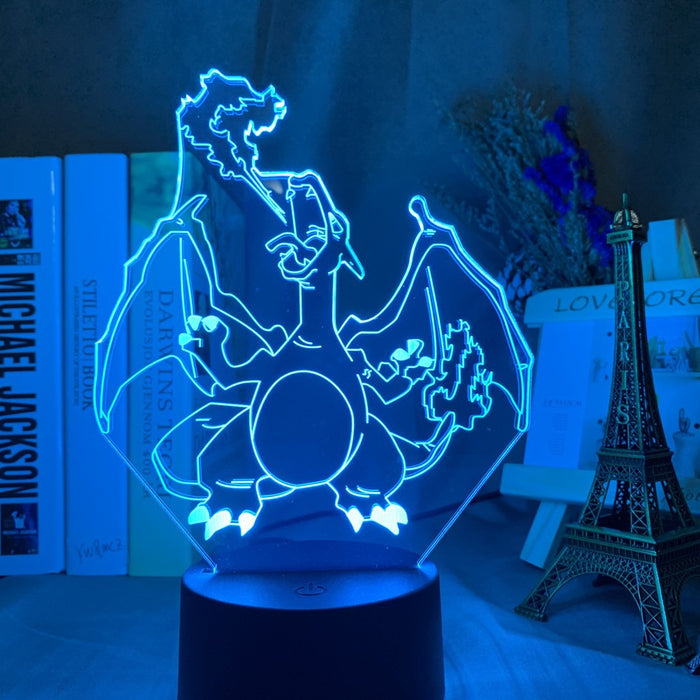 Fire Dragon Lamp LED Night Light: warm yellow light, clear acrylic anime-style spiky-haired character with a dragon-like crea
