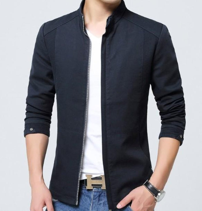 Fitted Zippered Jacket for Men: black, silver zip-front jacket, minimal modern style