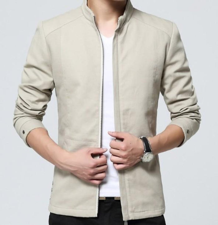 Fitted Zippered Jacket for Men: black, silver zip-front jacket, minimal modern style