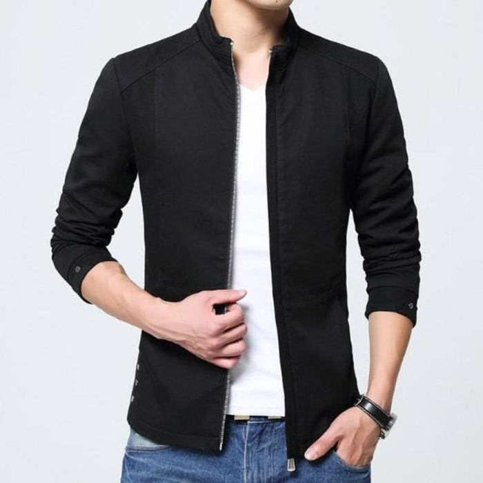 Fitted Zippered Jacket for Men: black, silver zip-front jacket, minimal modern style