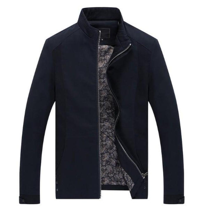 Fitted Zippered Jacket for Men: black, silver zip-front jacket, minimal modern style