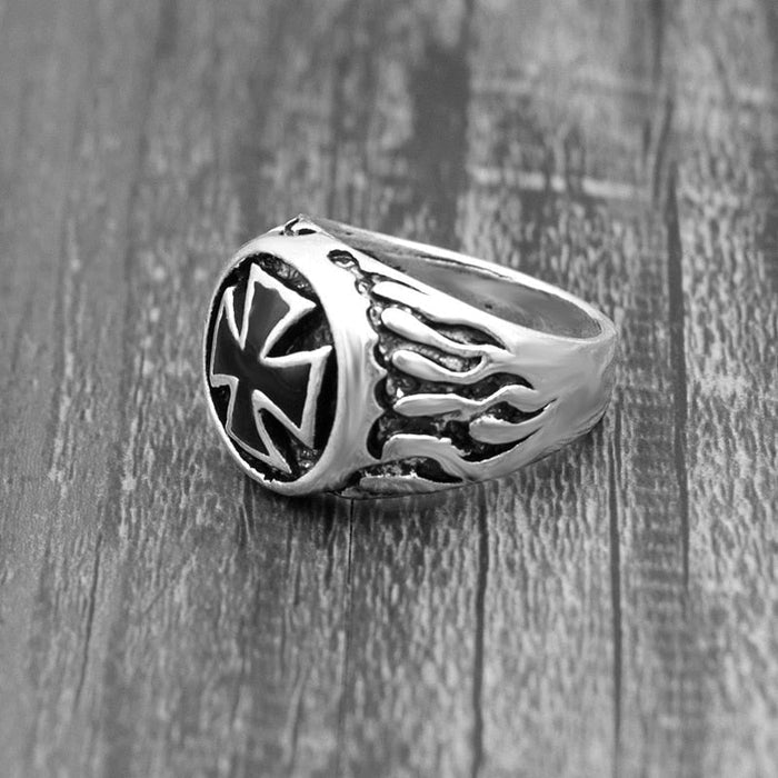 Flaming Cross Ring for Men: silver, black ring, bold gothic style