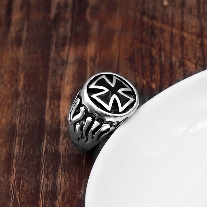 Flaming Cross Ring for Men: silver, black ring, bold gothic style