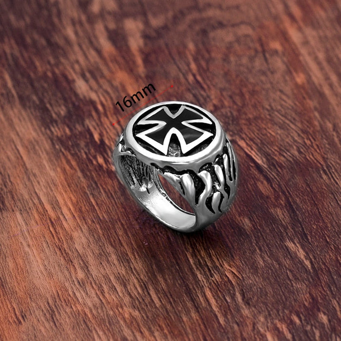 Flaming Cross Ring for Men: silver, black ring, bold gothic style