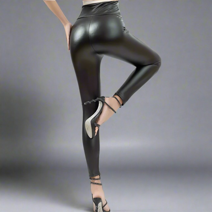 Fleece Lined Vegan Leather Yoga Leggings with High Waist for Winter: black leggings/pants, minimal style