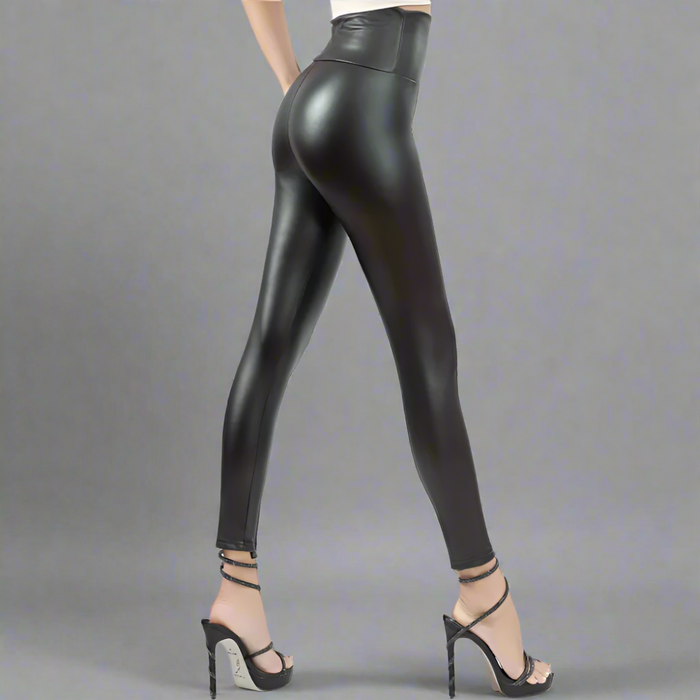 Fleece Lined Vegan Leather Yoga Leggings with High Waist for Winter: black leggings/pants, minimal style